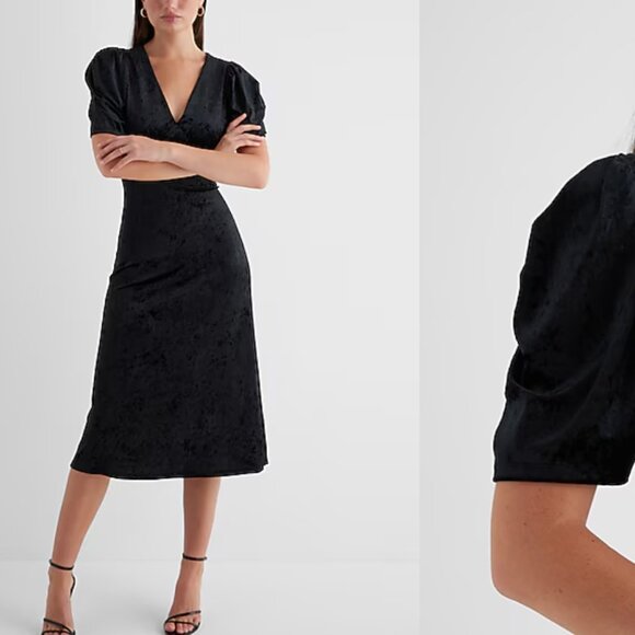 Crushed Velvet V-Neck Puff Sleeve Midi Dress NWT - Picture 1 of 6